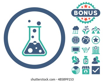 Boiling Liquid Flask icon with bonus symbols. Vector illustration style is flat iconic bicolor symbols, cobalt and cyan colors, white background.