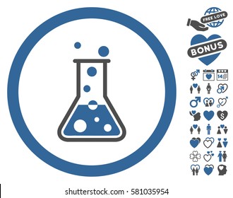 Boiling Liquid Flask icon with bonus marriage clip art. Vector illustration style is flat iconic cobalt and gray symbols on white background.