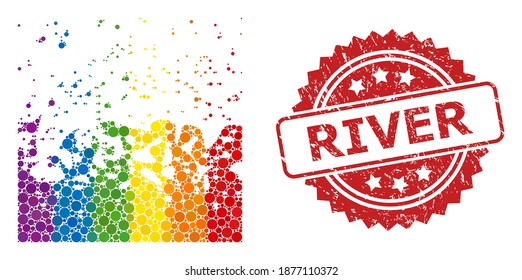 Boiling liquid mosaic icon of spheric blots in variable sizes and LGBT bright color tints, and River unclean rosette stamp. A dotted LGBT-colored Boiling liquid for lesbians, gays, transgenders,
