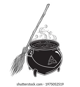 Boiling magic cauldron with broom vector illustration. Hand drawn wiccan design, astrology, alchemy, magic symbol or halloween design.