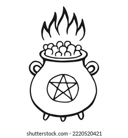 Boiling magic cauldron. Hand drawn vector illustration isolated on white background.
