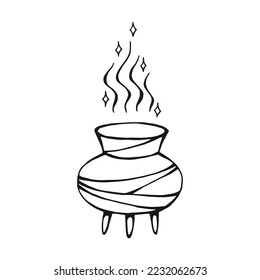 Boiling magic cauldron. Hand drawn vector illustration isolated on white background.