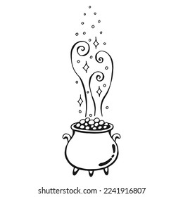 Boiling magic cauldron. Hand drawn vector illustration isolated on white background.
