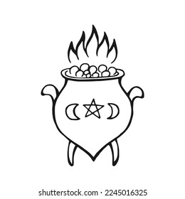 Boiling magic cauldron. Hand drawn vector illustration isolated on white background.