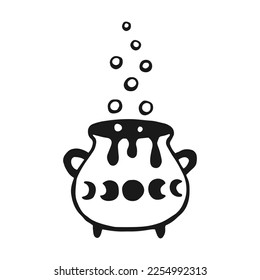 Boiling magic cauldron. Hand drawn vector illustration isolated on white background.