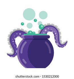 Boiling magic cauldron icon with witchcraft potion and monster octopus tentacles over pot. Witchery elixir preparation cartoon illustration.