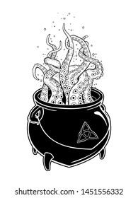 Boiling magic cauldron with octopus tentacles isolated on white background. Hand drawn halloween design vector illustration