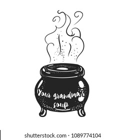 Boiling magic cauldron vector illustration. Hand drawn wiccan design, astrology, alchemy, magic symbol or halloween design.
