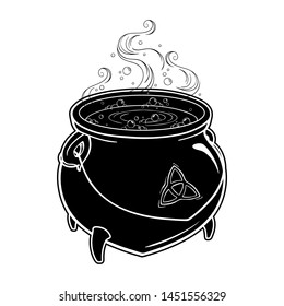 Boiling magic cauldron vector illustration. Hand drawn wiccan design, astrology, alchemy, magic symbol or halloween design