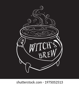 Boiling magic cauldron vector illustration. Hand drawn wiccan design, astrology, alchemy, magic symbol or halloween design.