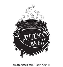 Boiling magic cauldron vector illustration. Hand drawn wiccan design, astrology, alchemy, magic symbol or Halloween design