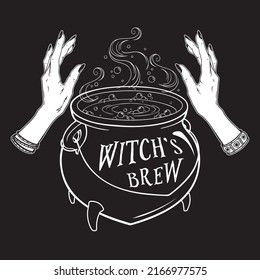 Boiling magic cauldron vector illustration. Hand drawn wiccan design, astrology, alchemy, magic symbol or halloween design