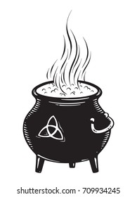 Boiling magic cauldron vector illustration. Hand drawn wiccan design, astrology, alchemy, magic symbol or halloween design.