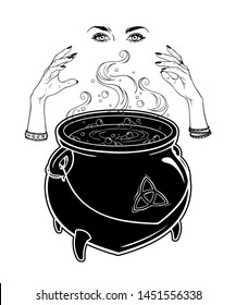 Boiling magic cauldron and witch hands cast a spell vector illustration. Hand drawn wiccan design, astrology, alchemy, magic symbol or halloween design