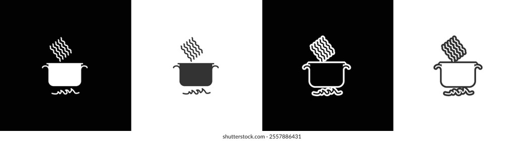 Boiling noodles icon. Instant noodles boiled in hot water in a pan. Instant food icon. Ramen noodle vector. Collection of flat and linear style noodles on black, white and transparent background.