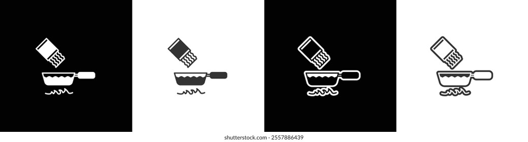 Boiling noodles icon. Instant noodles boiled in hot water. Instant food icon. Ramen noodle vector graphic. Collection of flat and linear style noodles on black, white and transparent background.