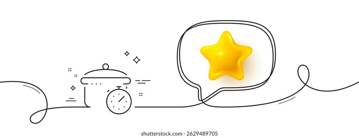 Boiling pan line icon. Continuous line with 3d star. Cooking timer sign. Food preparation symbol. 3d star in speech bubble. Boiling pan single line ribbon. Loop curve pattern. Vector