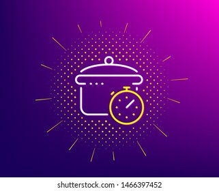 Boiling pan line icon. Halftone pattern. Cooking timer sign. Food preparation symbol. Gradient background. Boiling pan line icon. Yellow halftone pattern. Vector