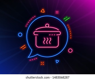 Boiling pan line icon. Neon laser lights. Cooking sign. Food preparation symbol. Glow laser speech bubble. Neon lights chat bubble. Banner badge with boiling pan icon. Vector
