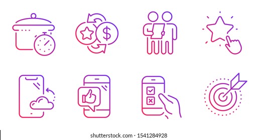 Boiling pan, Loyalty points and Mobile survey line icons set. Mobile like, Smartphone cloud and Ranking star signs. Survey, Target purpose symbols. Cooking timer, Change dollar. Vector