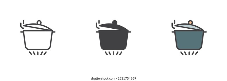 Cacerola de ebullición en la estufa de gas conjunto de iconos de estilo diferente. Línea, glifo y contorno relleno versión colorida, contorno y signo de Vector relleno. Sartén de cocina en el símbolo de la estufa, ilustración del logotipo. Gráficos de Vector