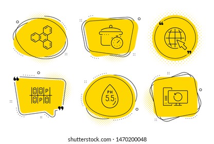 Boiling pan, Ph neutral and Recovery computer signs. Chat bubbles. Internet, Chemical formula and Parking place line icons set. World web, Chemistry, Transport. Cooking timer. Technology set. Vector