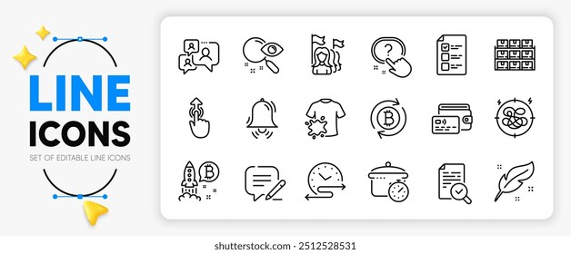 Boiling pan, Refresh bitcoin and Dirty t-shirt line icons set for app include Wallet, Boxes shelf, Voting ballot outline thin icon. Write, Inspect, Feather pictogram icon. Clock bell. Vector