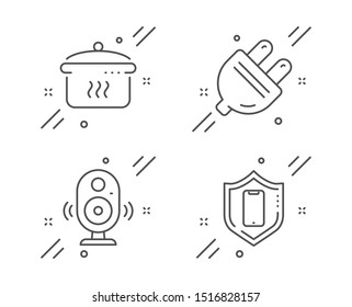 Boiling pan, Speaker and Electric plug line icons set. Smartphone protection sign. Cooking utensil, Music sound, Energy. Phone. Business set. Line boiling pan outline icon. Vector
