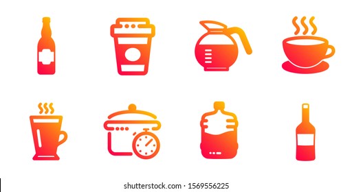 Boiling pan, Takeaway coffee and Beer bottle line icons set. Coffeepot, Cappuccino and Cooler bottle signs. Latte, Wine symbols. Cooking timer, Latte drink. Food and drink set. Vector