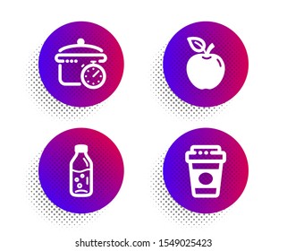 Boiling pan, Water bottle and Apple icons simple set. Halftone dots button. Takeaway coffee sign. Cooking timer, Soda drink, Fruit. Latte drink. Food and drink set. Vector