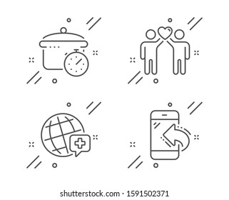 Boiling pan, World medicine and Friends couple line icons set. Incoming call sign. Cooking timer, Online medicine, Friendship. Phone support. Business set. Line boiling pan outline icon. Vector