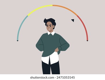 The Boiling Point, A character stands with their hands on their hips, their face contorted in anger, as a rainbow-colored anger meter above their head turns red