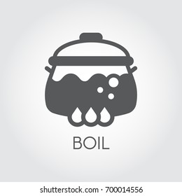 Boiling pot with food on stove. Black icon of hot meal in flat design. Culinary theme. Graphic symbol for different gastronomic projects. Vector illustration