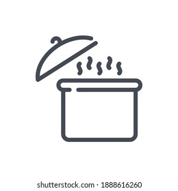 Boiling pot with lid line icon. Cooking pot with boiling water and open lid vector outline sign.