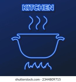 boiling pot neon sign, modern glowing banner design, colorful modern design trends on black background. Vector illustration.