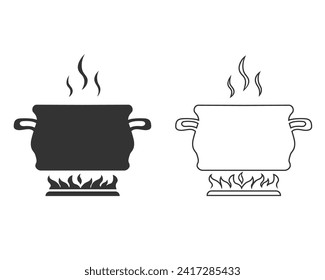 Boiling pot on fire line icon set, Cooking pot vector, Boil Food icon, vector sign, pictogram isolated on white, boiling pot simple icon, cooking