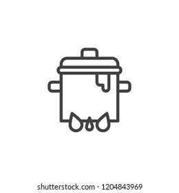 Boiling pot on fire outline icon. linear style sign for mobile concept and web design. Cooking saucepan on stove simple line vector icon. Symbol, logo illustration. Pixel perfect vector graphics