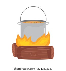 boiling pot on firewood on white background
