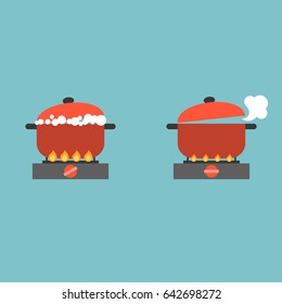 boiling pot on stove with bubble and steam, cooking concept flat design vector
