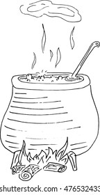 Boiling pot potion. Cook outdoor. Vector illustration of a pot of soup over an open fire. Ready meal on a campfire in a hike. Hand drawn boiling potion for Halloween.