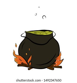 Boiling pot with potion. Halloween symbol. Vector illustration.