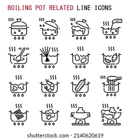 Boiling pot related line icons,  Set of simple boiling pot related sign line icons, Cute cartoon line icons set, Vector illustration, Abstract boiling pot related line icons