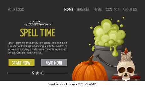Boiling potion in cauldron, skull with candle, witchcraft books and pumpkin. Spell time. Halloween horizontal template for website, dark background. Vector illustration. For banner, store, sale