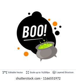 Boiling potion kettle and Halloween text. Bright cartoon label with editable copy space for holiday sales and parties.