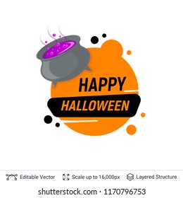 Boiling potion kettle and Halloween text. Bright cartoon label with editable copy space for holiday sales and parties.
