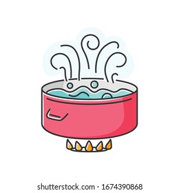 Boiling RGB color icon. Food preparation method, culinary technique, simmering, poaching. Cooking pot, pan with water on oven fire isolated vector illustration