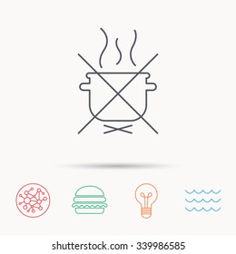 Boiling saucepan icon. Do not boil water sign. Cooking manual attenction symbol. Global connect network, ocean wave and burger icons. Lightbulb lamp symbol.