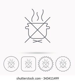 Boiling saucepan icon. Do not boil water sign. Cooking manual attenction symbol. Linear circle, square and star buttons with icons.