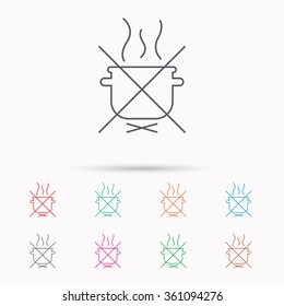 Boiling saucepan icon. Do not boil water sign. Cooking manual attenction symbol. Linear icons on white background.