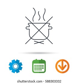 Boiling saucepan icon. Do not boil water sign. Cooking manual attenction symbol. Calendar, cogwheel and download arrow signs. Colored flat web icons. Vector